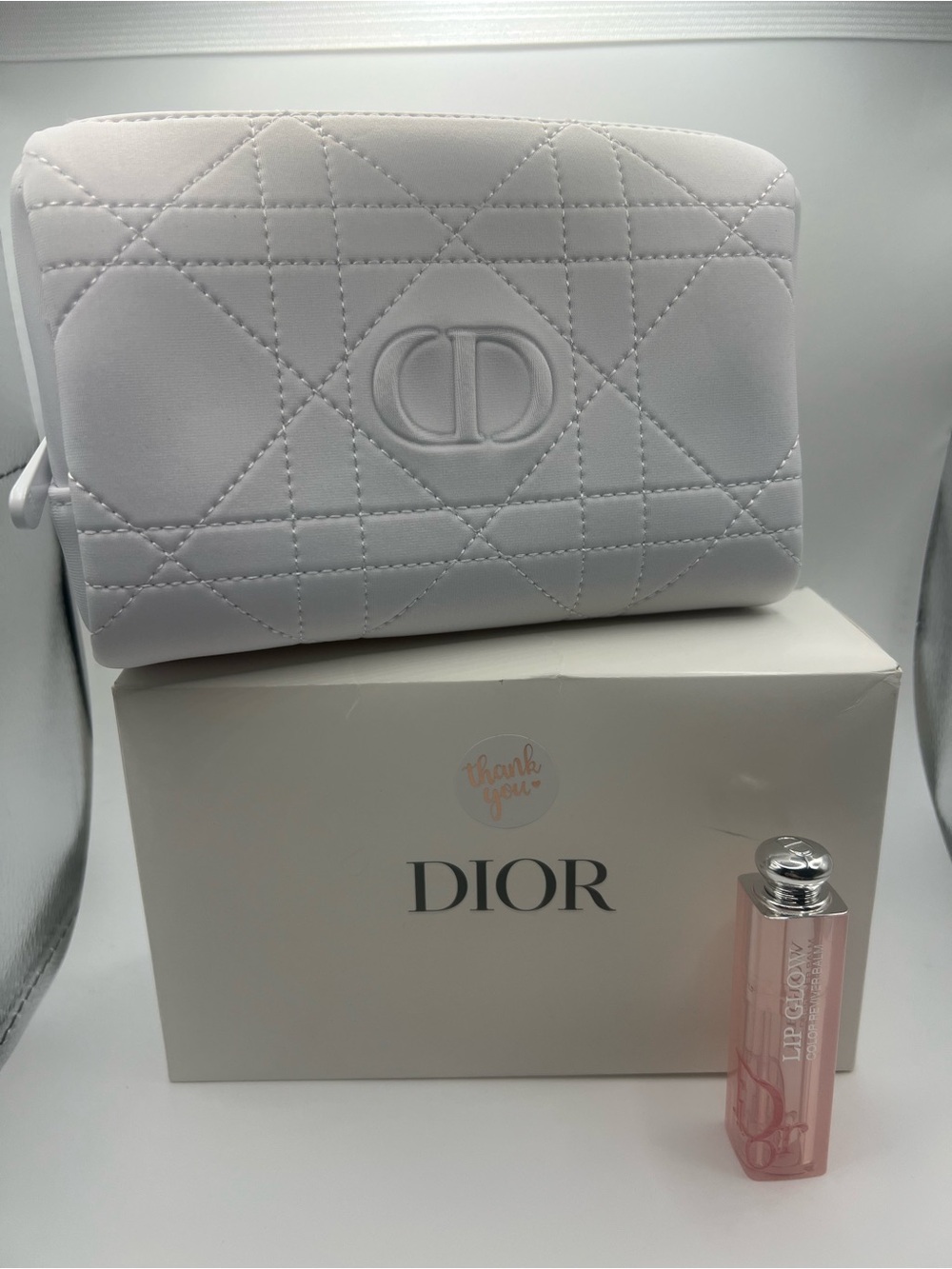 Dior Quilted Cosmetic Pouch in White& Dior Lip Glow